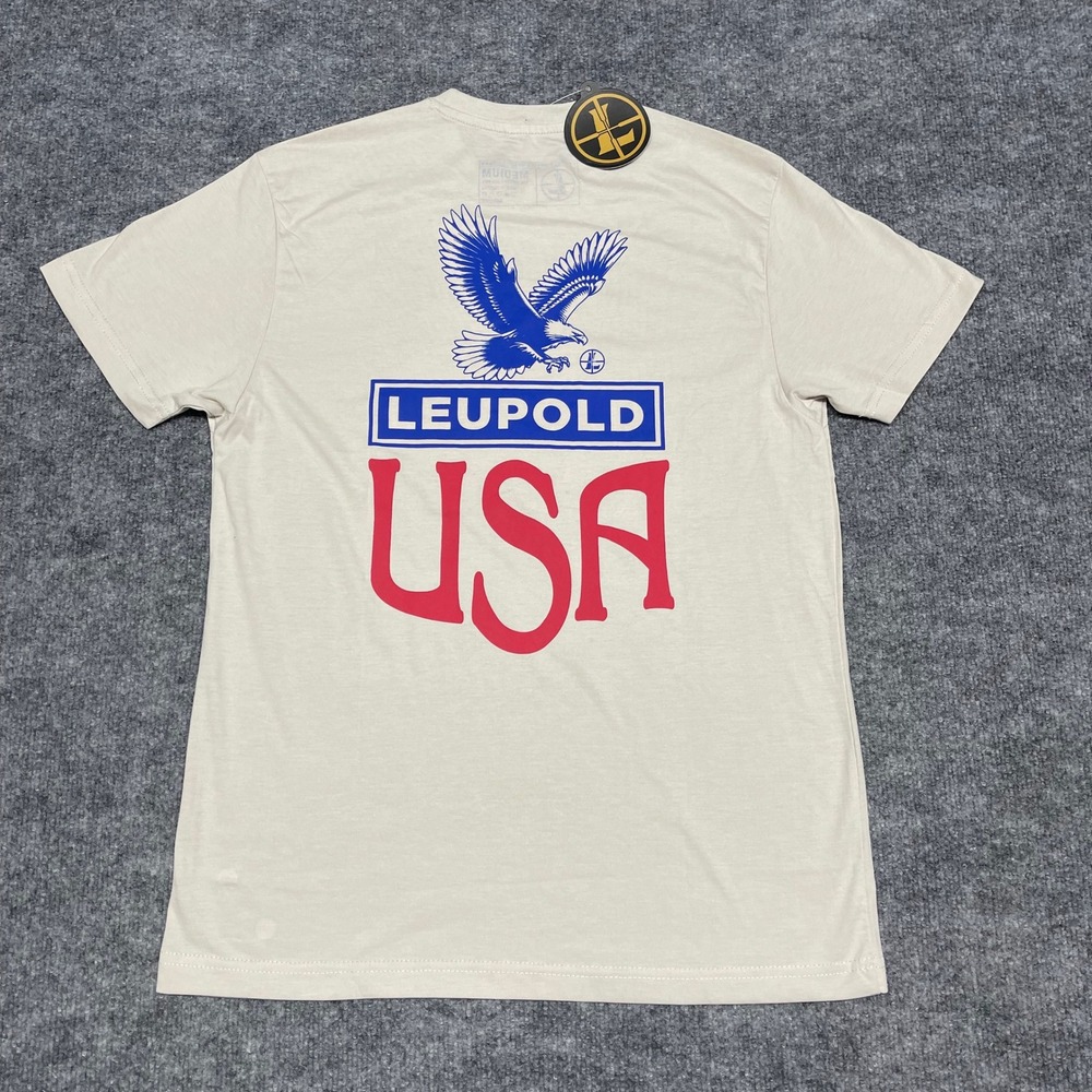 Leupold‎ T-Shirt Mens Medium Sand Optics Eagle Badge USA Graphic Tee NEW